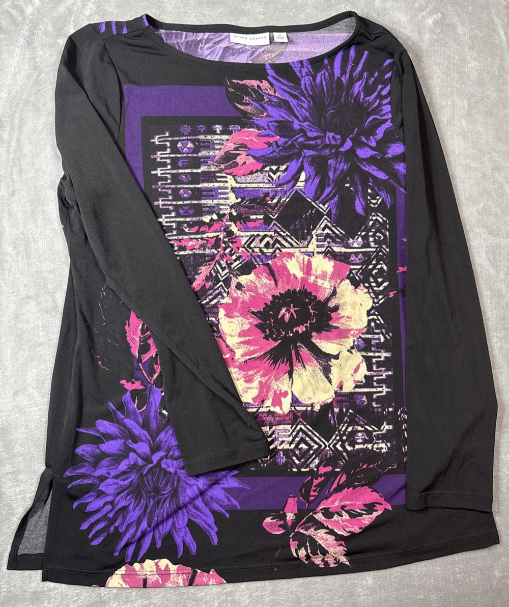 Susan Graver Women Med Black Floral Graphic Tunic Scoop Neck Artsy Office